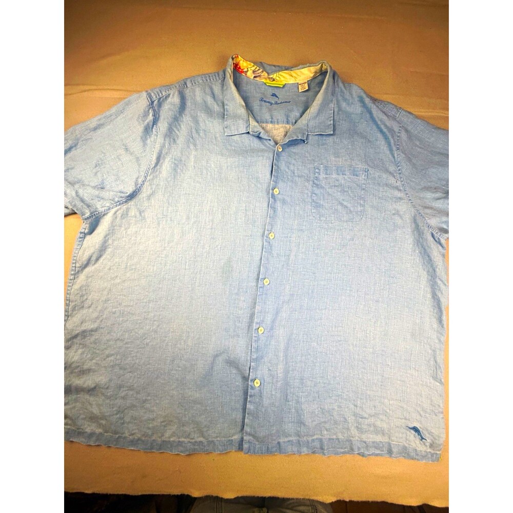 Tommy Bahama Men's Blue Linen Marlin Embroidered Short Sleeve Button-Up 4XL